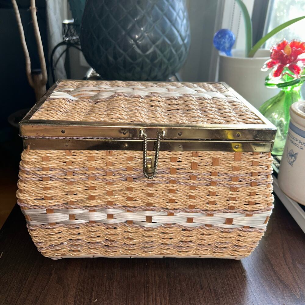 jcpenney Woven Rattan Storage Box with White Accent and Gold Trim